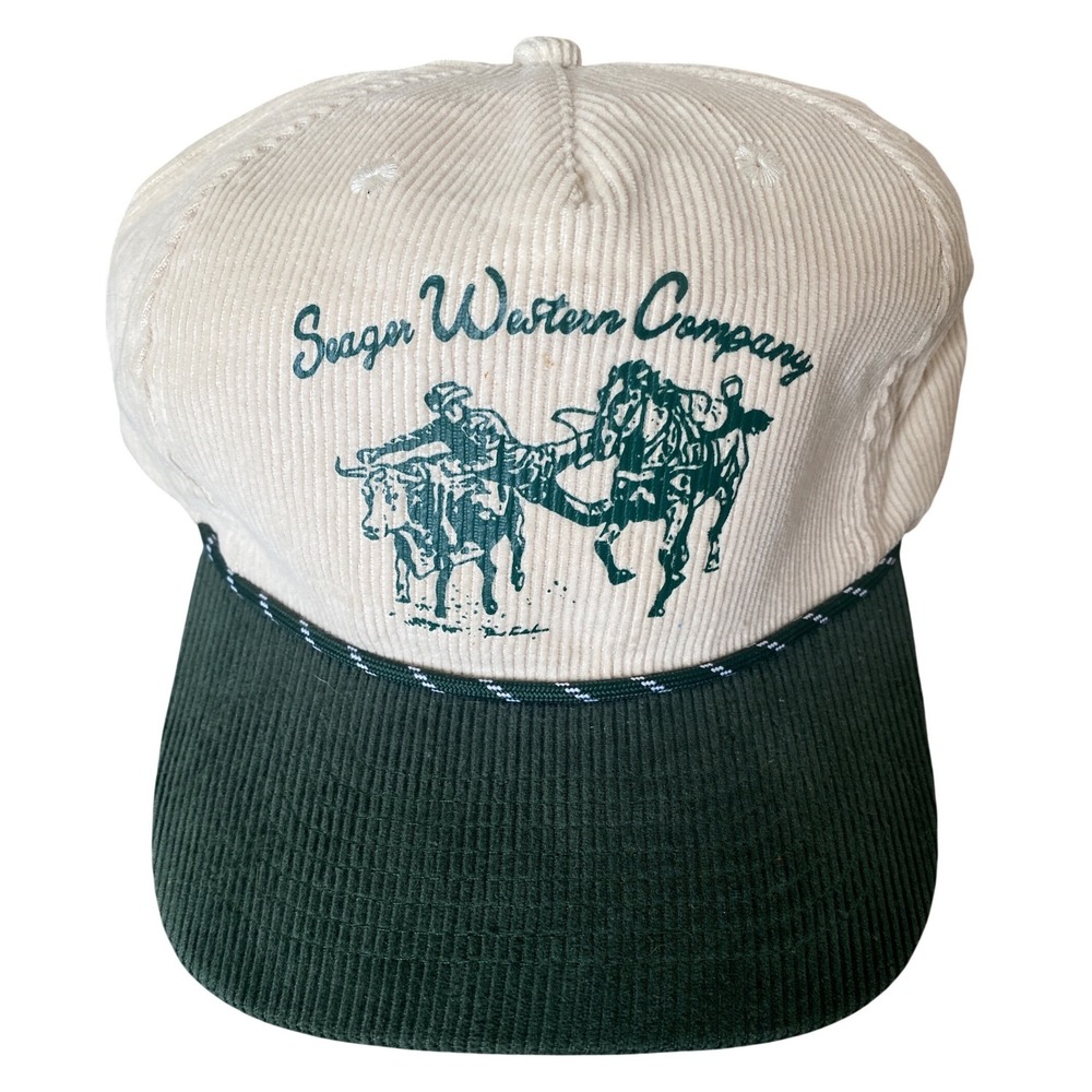 Seager Western Company Trucker Hat Cream Green Corduroy Cowboy Rodeo Snapback